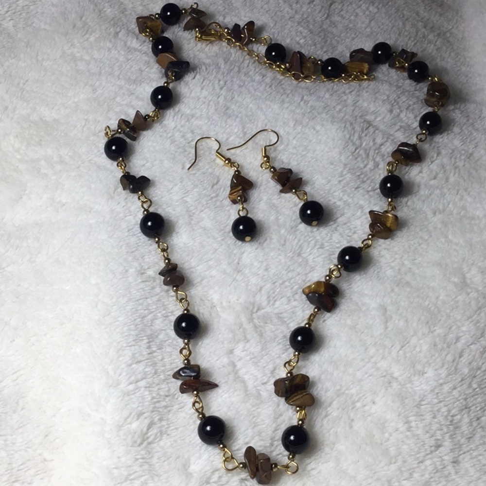 New Tiger’s Eye & Glass Bead Necklace & Earrings